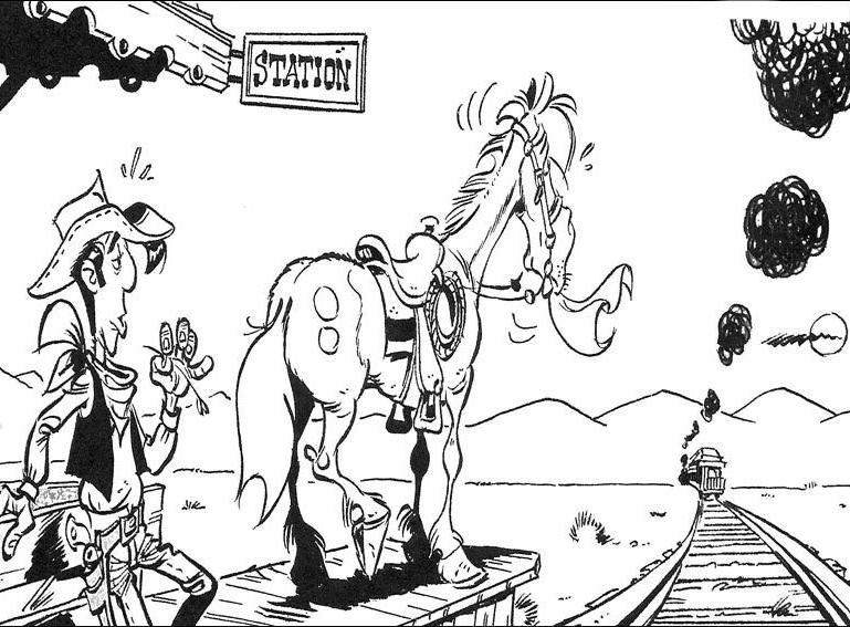 coloriage lucky luke et joly jumper sur le quai de la gare